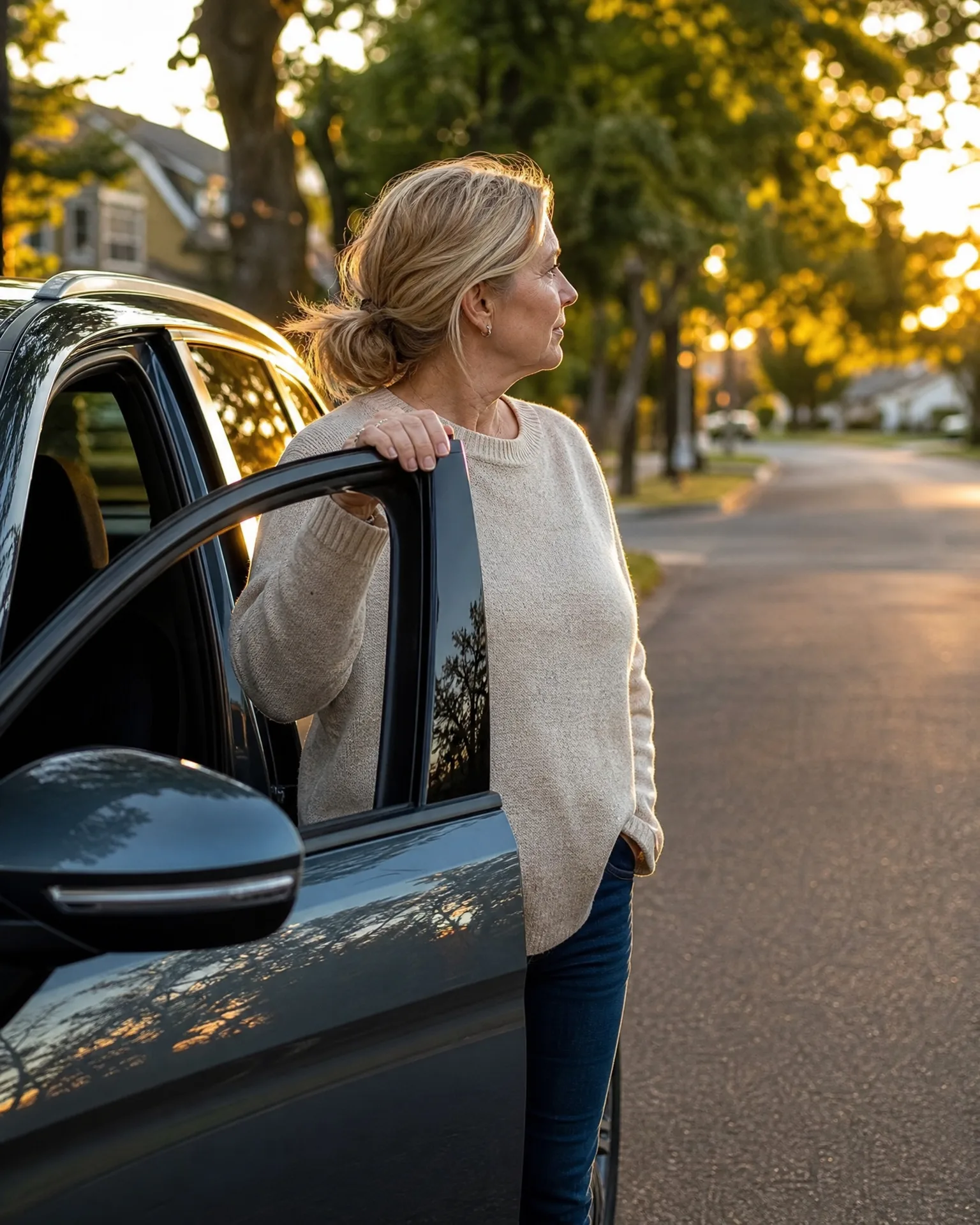 A woman in a cream sweater and blue jeans stands beside an open door of a dark SUV on a residential street lined with trees in low sunlight.