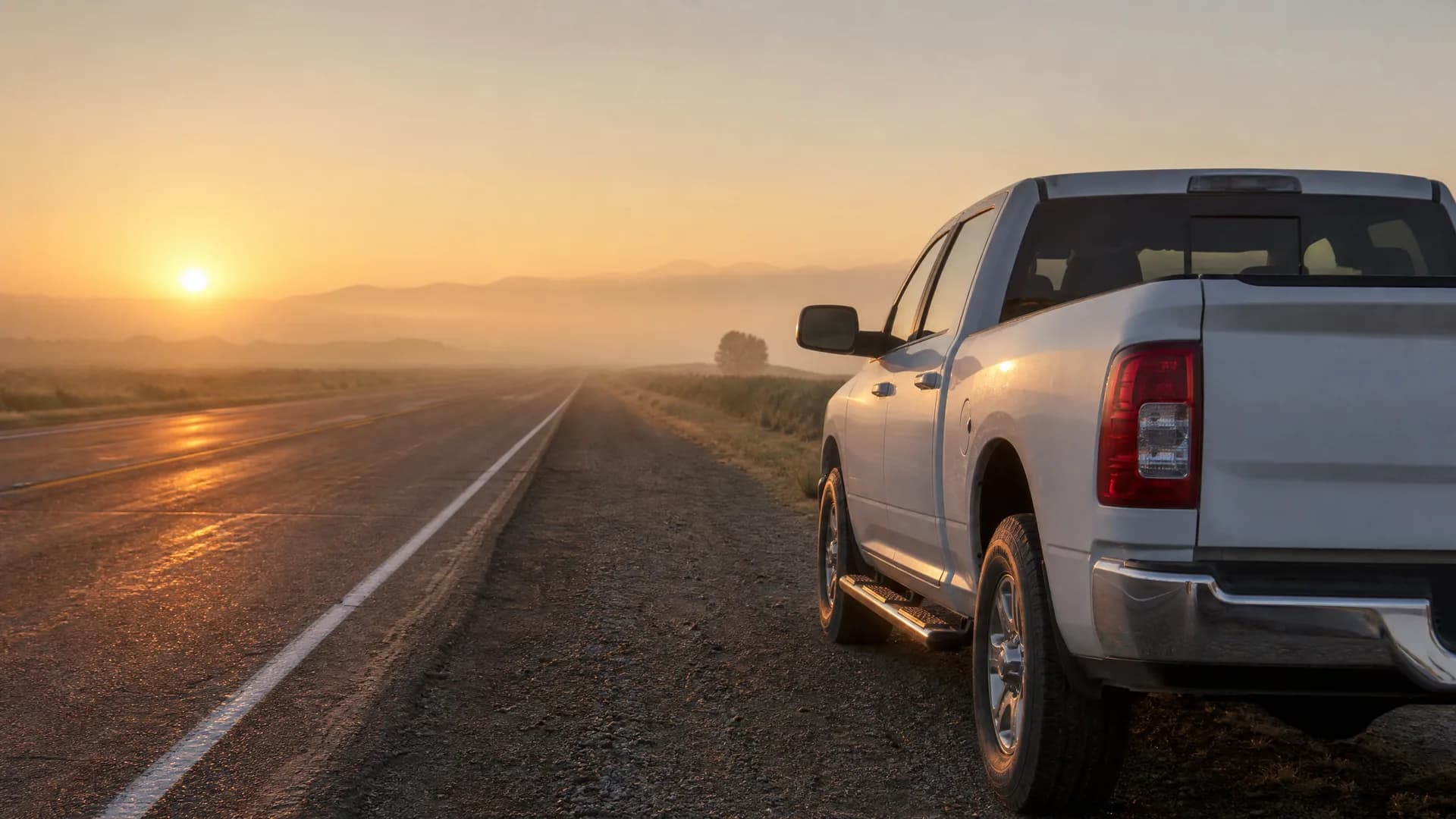 A white crew-cab pickup truck parked on the gravel shoulder beside an empty two-lane road at sunrise or sunset, with hazy mountains on the horizon.