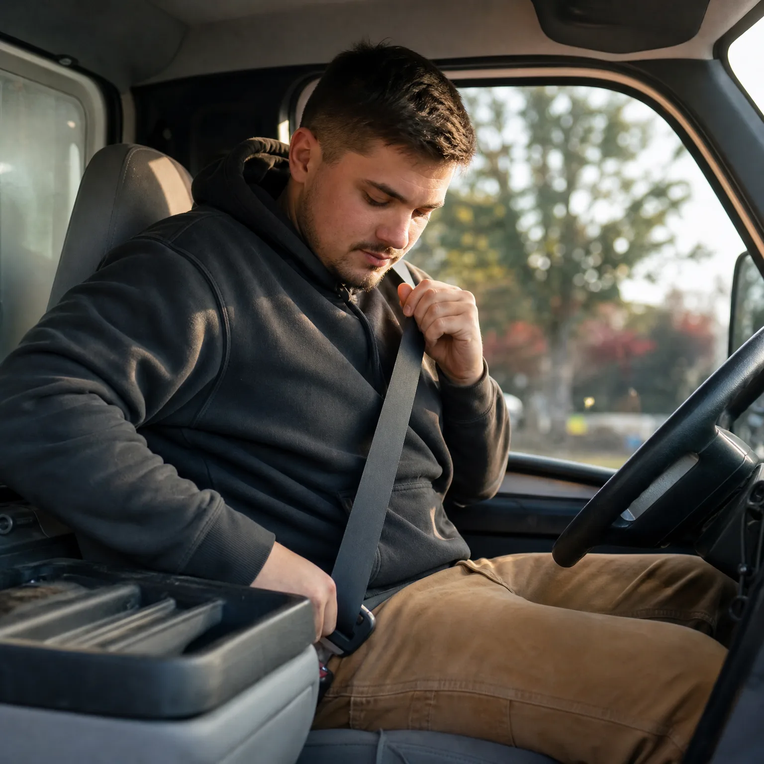 A man in a dark hooded sweatshirt and tan trousers sits in a vehicle's driver seat, fastening his seat belt, with the steering wheel and blurred trees beyond the window.