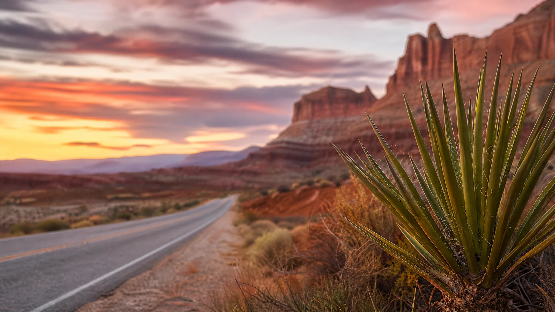 A two-lane road curves through desert scrub toward layered red rock cliffs and distant hills at sunset, with a spiky yucca plant in the right foreground.