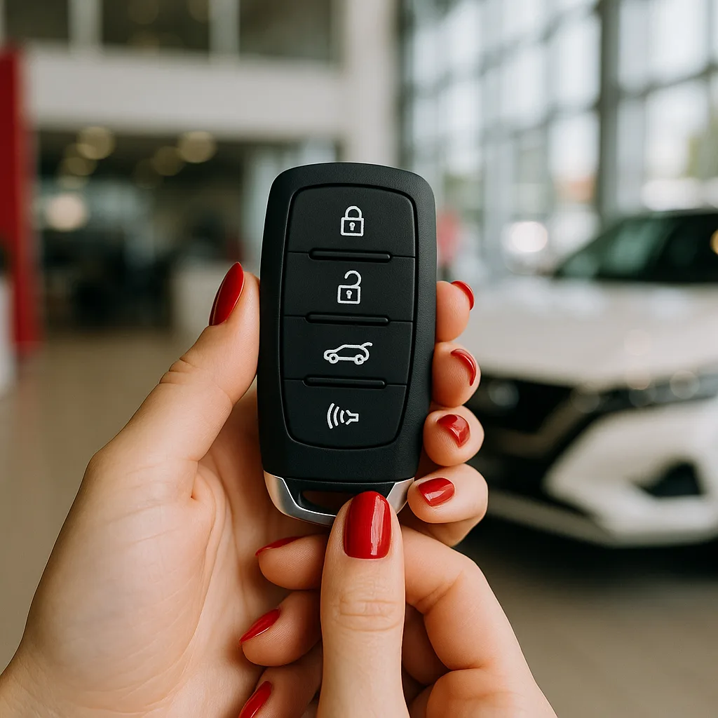 Hand with red nails holding black car key fob with four buttons in front of blurred car dealership background